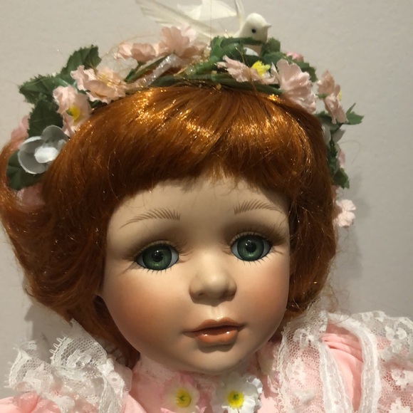 Gorgeous porcelain face baby doll Beautiful red hair adorned w a floral wreath - Picture 5 of 9